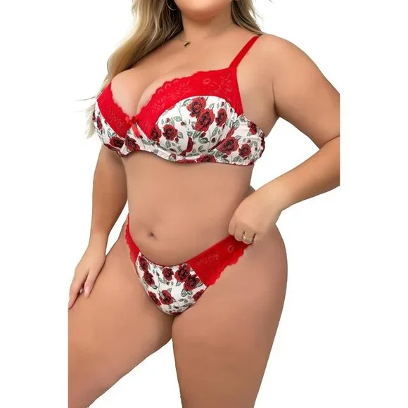 WOMEN'S Red Floral Sexy Lace Push Up Bra & Babydoll Nightwear Lingerie Set - Picture 5 of 5